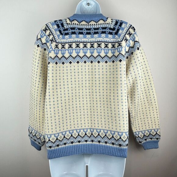 Handmade O Allers Nilssen Norway Wool Fair Isle Cream Blue Cardigan Sweater S/M - Picture 13 of 15